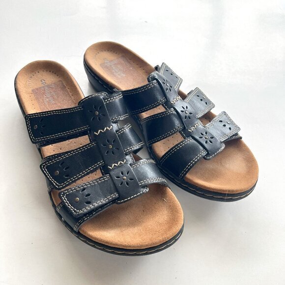 CLARKS Leisa Sprinf Black‎ Leather Slides Slips on Sandals Womens Size 10M Shoes - Picture 1 of 5